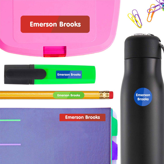 Colorful personalized stickers to keep track of school supplies and lunch containers.