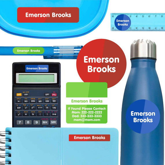 Colorful personalized name labels for water bottles, notebooks, and pencils