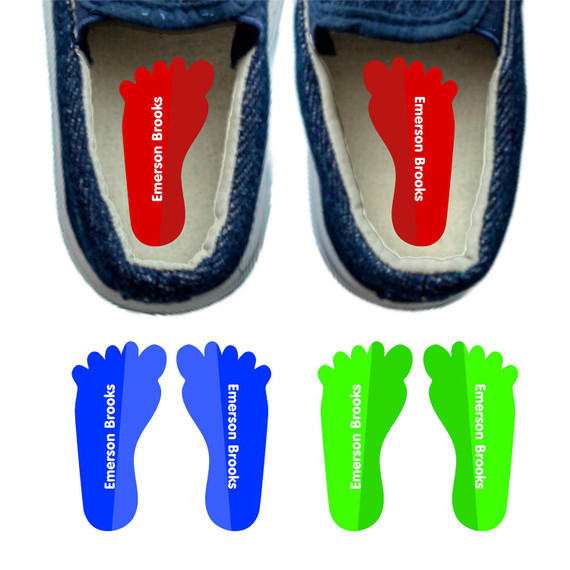 Color Trio foot labels for shoes — left and right foot-shaped shoe stickers