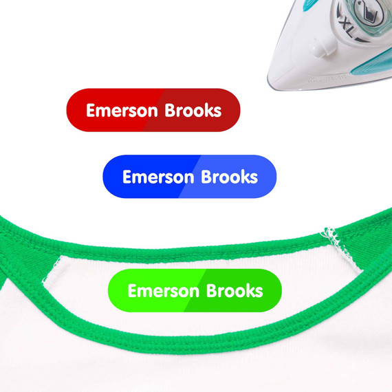 Personalized iron on labels for clothes shown on tshirt. Personalized iron on labels that stay applied.