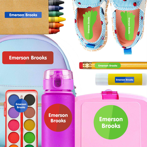Color Trio kindergarten and preschool nametags — waterproof name tags for preschoolers on water bottle, lunchbox and school supplies