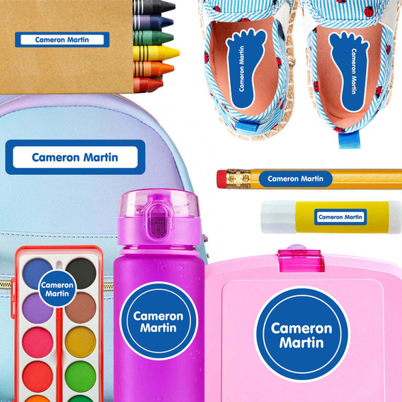 Solids kindergarten and preschool nametags — waterproof name tags for preschoolers on water bottle, lunchbox and school supplies