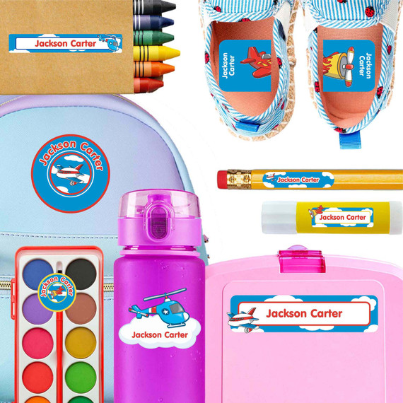 Airplanes kindergarten and preschool nametags — waterproof name tags for preschoolers on water bottle, lunchbox and school supplies