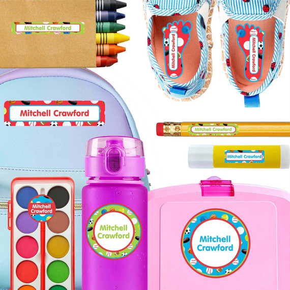 All Sports waterproof kindergarten name labels on water bottle, lunch container and lunchbox