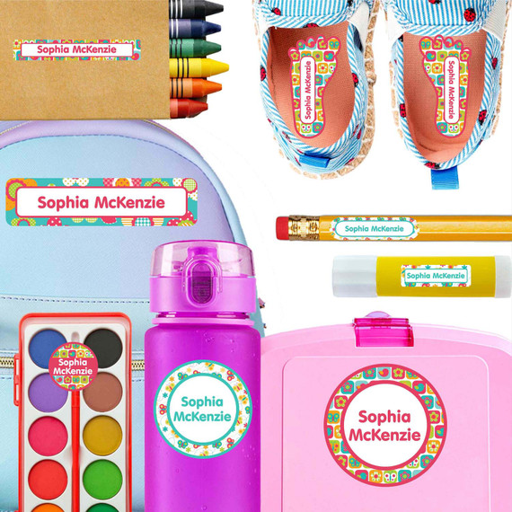 All Things Spring kindergarten and preschool nametags — waterproof name tags for preschoolers on water bottle, lunchbox and school supplies