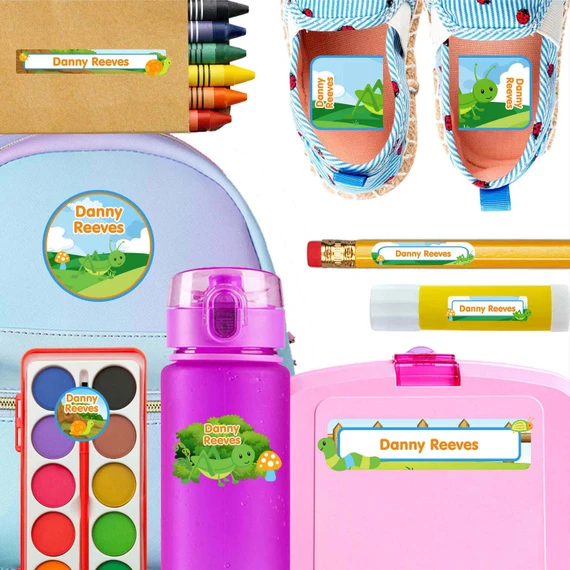 Backyard Bugs kindergarten and preschool nametags — waterproof name tags for preschoolers on water bottle, lunchbox and school supplies