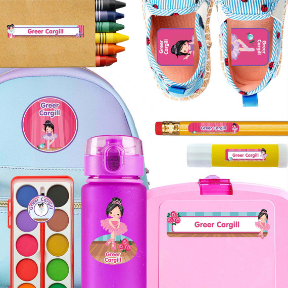 Ballet waterproof kindergarten name labels on water bottle, lunch container and lunchbox