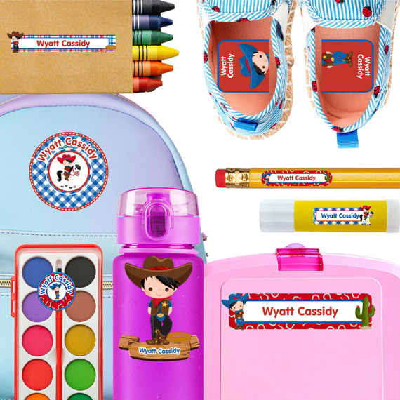 Cowboy & Cowgirl waterproof kindergarten name labels on water bottle, lunch container and lunchbox