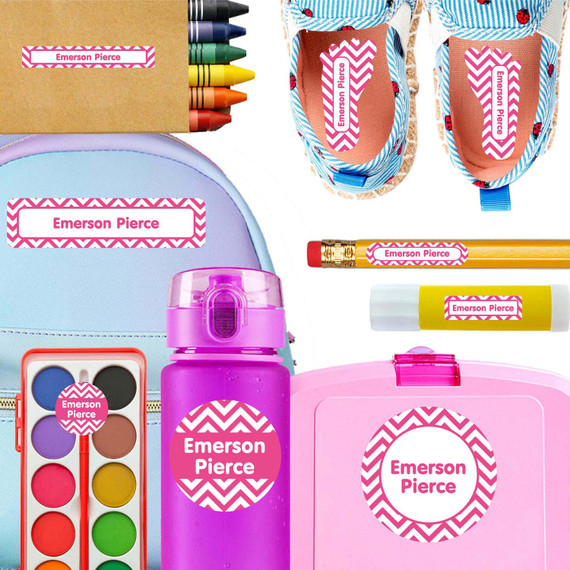 Chevron waterproof kindergarten name labels on water bottle, lunch container and lunchbox