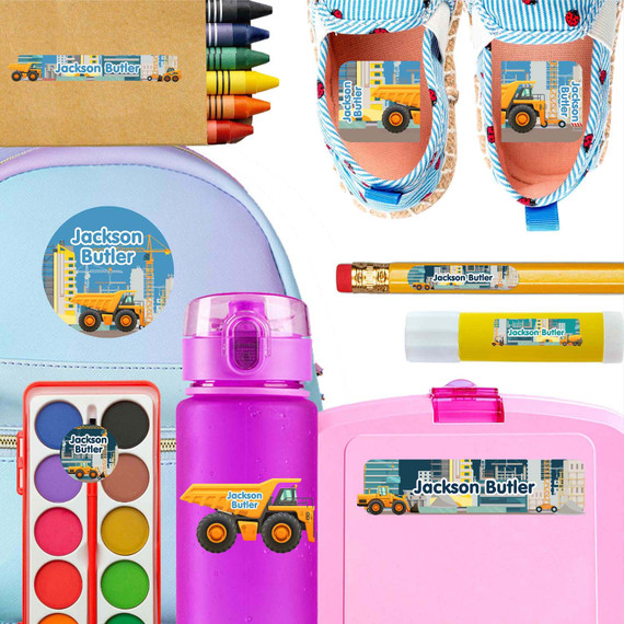 Construction Site kindergarten and preschool nametags — waterproof name tags for preschoolers on water bottle, lunchbox and school supplies