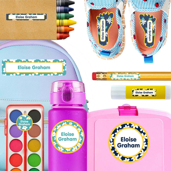 Daisies kindergarten and preschool nametags — waterproof name tags for preschoolers on water bottle, lunchbox and school supplies