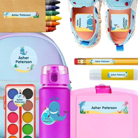 Deep Sea Pals kindergarten and preschool nametags — waterproof name tags for preschoolers on water bottle, lunchbox and school supplies