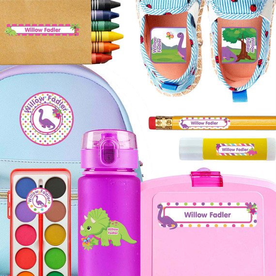 Dinosaur Friends waterproof kindergarten name labels on water bottle, lunch container and lunchbox