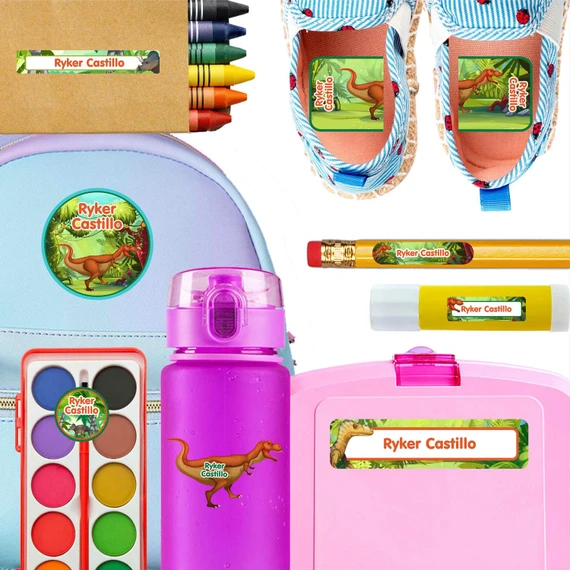 Dinosaurs Roam kindergarten and preschool nametags — waterproof name tags for preschoolers on water bottle, lunchbox and school supplies