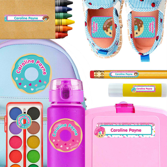 Donuts waterproof kindergarten name labels on water bottle, lunch container and lunchbox
