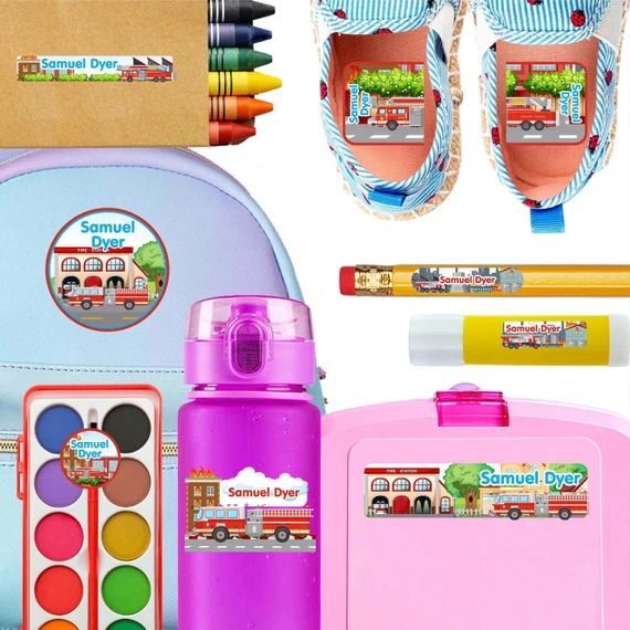 Fire Trucks kindergarten and preschool nametags — waterproof name tags for preschoolers on water bottle, lunchbox and school supplies