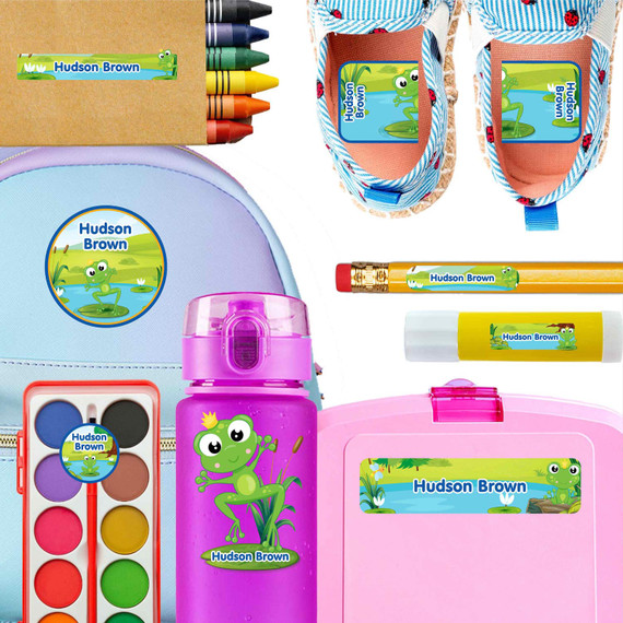 Frogs kindergarten and preschool nametags — waterproof name tags for preschoolers on water bottle, lunchbox and school supplies