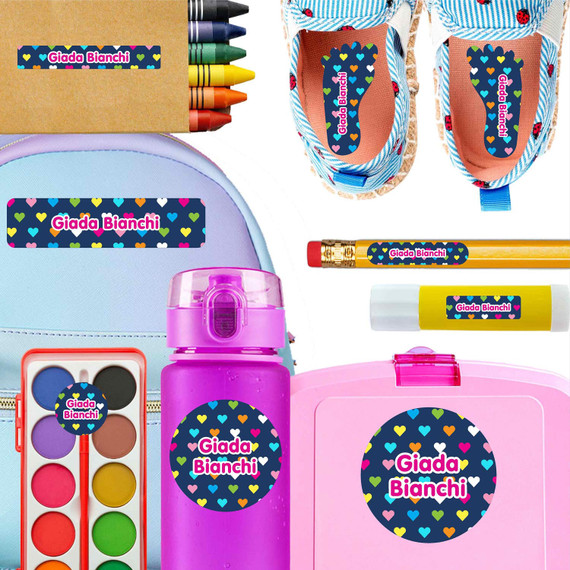 Hearts kindergarten and preschool nametags — waterproof name tags for preschoolers on water bottle, lunchbox and school supplies