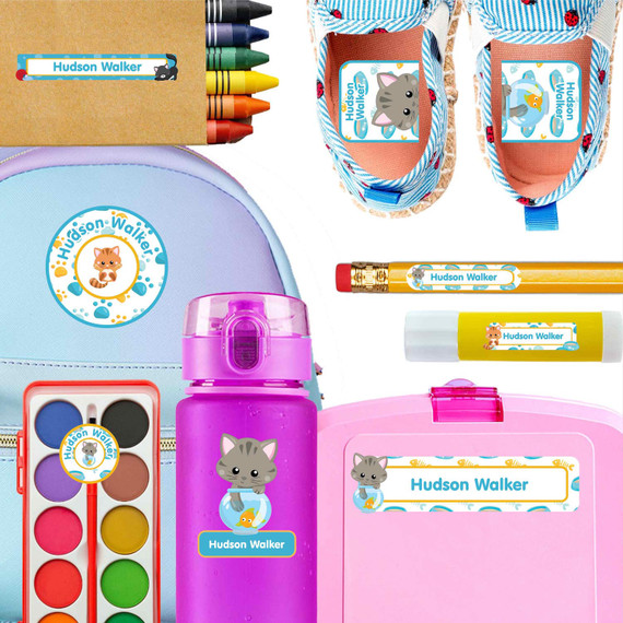 Kittens waterproof kindergarten name labels on water bottle, lunch container and lunchbox