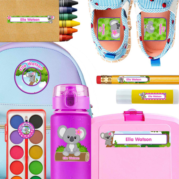 Koalas kindergarten and preschool nametags — waterproof name tags for preschoolers on water bottle, lunchbox and school supplies