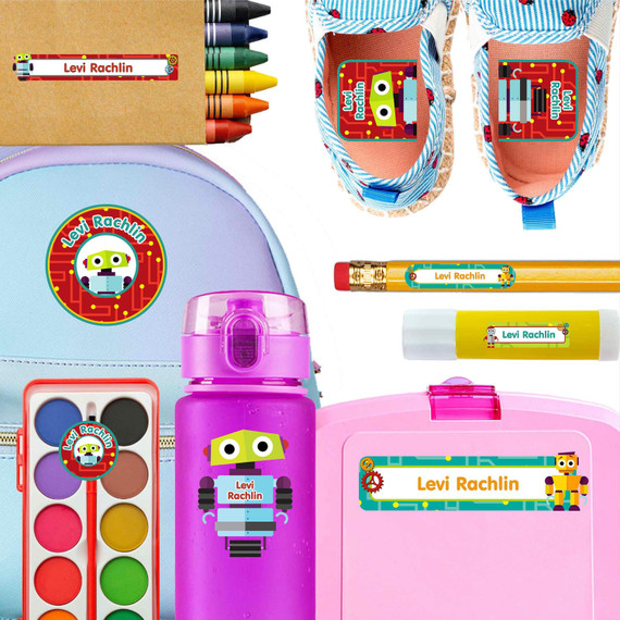 Little Robots waterproof kindergarten name labels on water bottle, lunch container and lunchbox