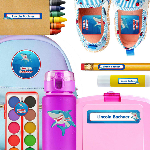 Mighty Sharks kindergarten and preschool nametags — waterproof name tags for preschoolers on water bottle, lunchbox and school supplies