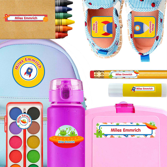 Outer Space waterproof kindergarten name labels on water bottle, lunch container and lunchbox
