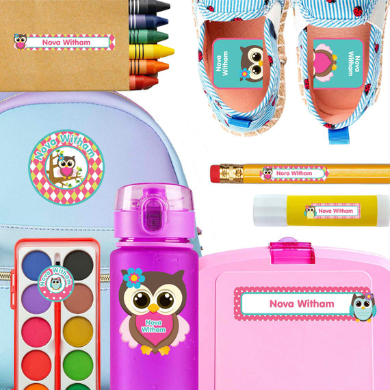 Owls waterproof kindergarten name labels on water bottle, lunch container and lunchbox