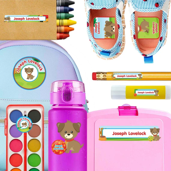 Playful Puppies kindergarten and preschool nametags — waterproof name tags for preschoolers on water bottle, lunchbox and school supplies