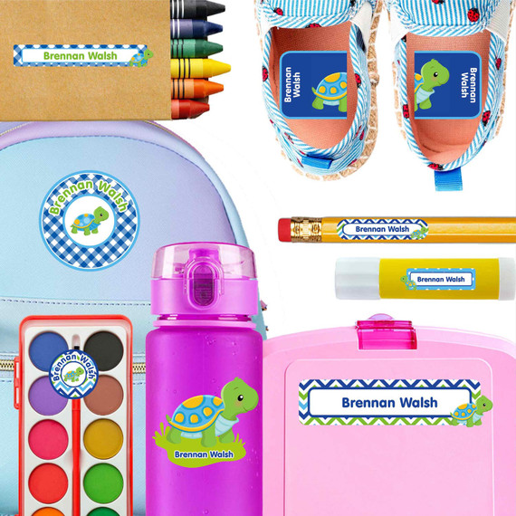 Turtles waterproof kindergarten name labels on water bottle, lunch container and lunchbox