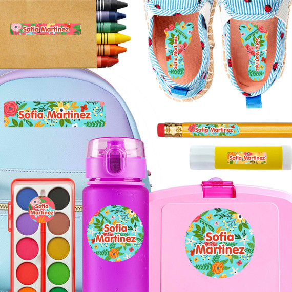 Blossoms kindergarten and preschool nametags — waterproof name tags for preschoolers on water bottle, lunchbox and school supplies