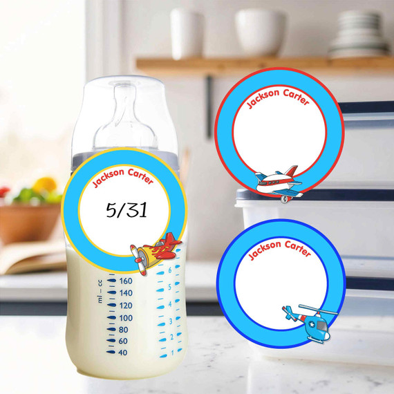Dishwasher-safe small round write-on labels sky blue airplane waterproof kids name stickers