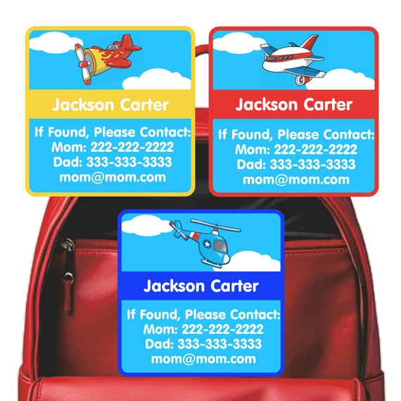 Airplanes emergency contact labels — personalized phone number stickers for kids