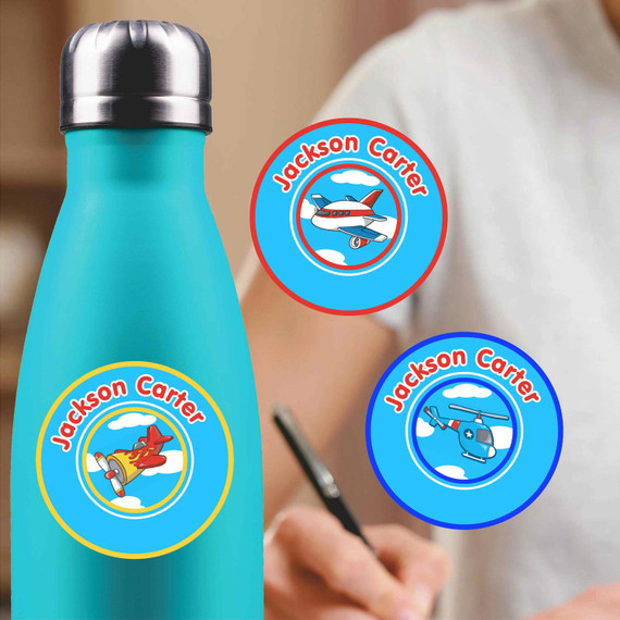 Airplanes medium round labels — waterproof circle name stickers for kids
