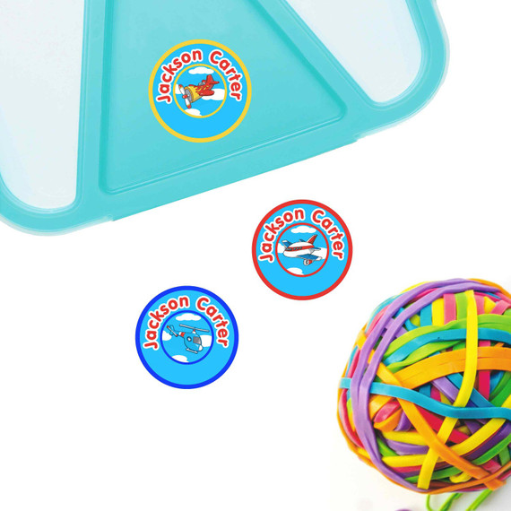 Airplanes small round name labels — waterproof circle stickers for kids