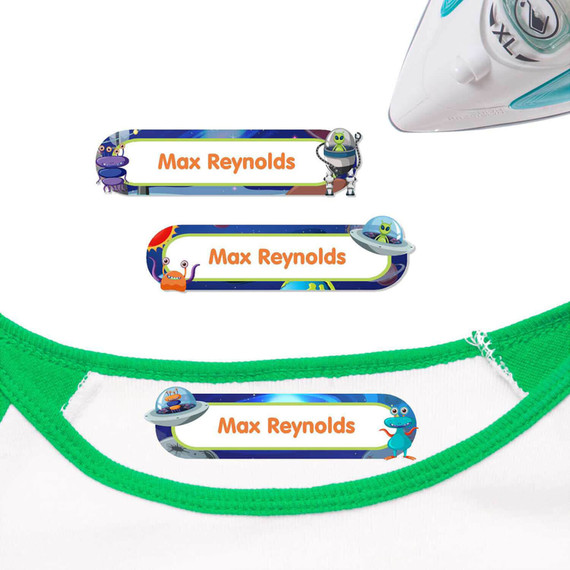 Aliens iron on nametags for clothes — personalized iron-on clothing labels for kids