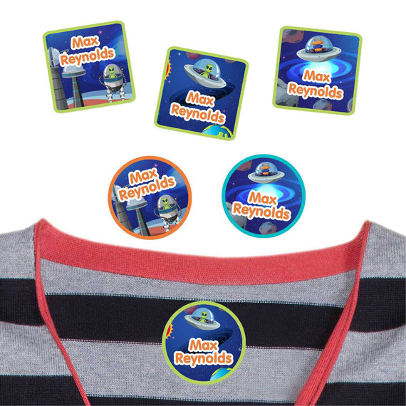 Aliens peel and stick clothing labels for kids — clothing stickers made to order