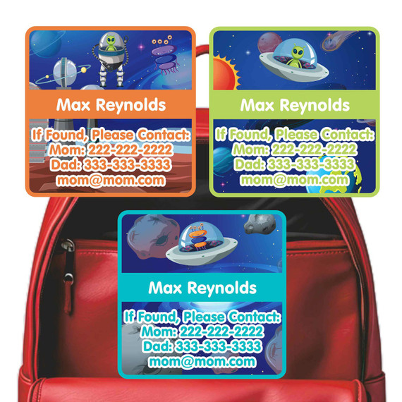 Aliens emergency contact stickers featuring colorful space characters
