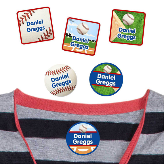 High-quality Baseball daycare clothing labels on a t-shirt. Laundry-safe identification for daycare outfits.