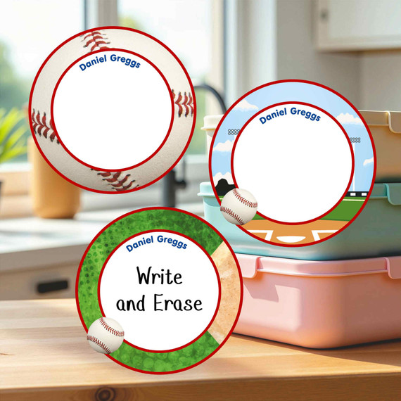 Durable large round write-on labels baseball design personalized name tags