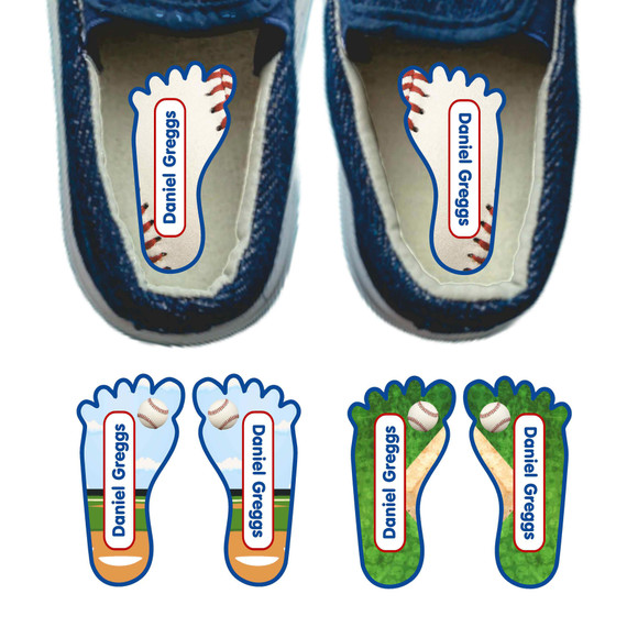 Baseball foot labels for shoes — left and right foot-shaped shoe stickers
