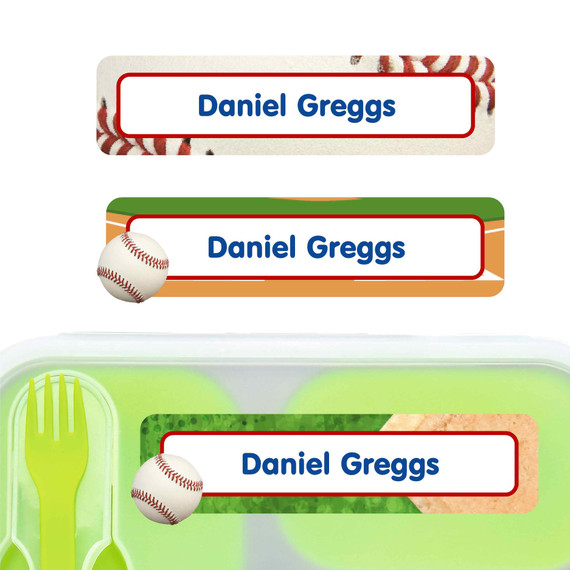 Baseball large rectangle name labels — waterproof sticker labels for school supplies and water bottles