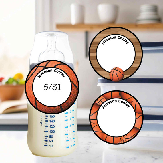 Basketball small round write-on labels — reusable waterproof daycare