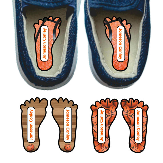 Basketball foot labels for shoes — left and right foot-shaped shoe stickers