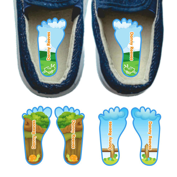 Backyard Bugs foot labels for shoes — left and right foot-shaped shoe stickers