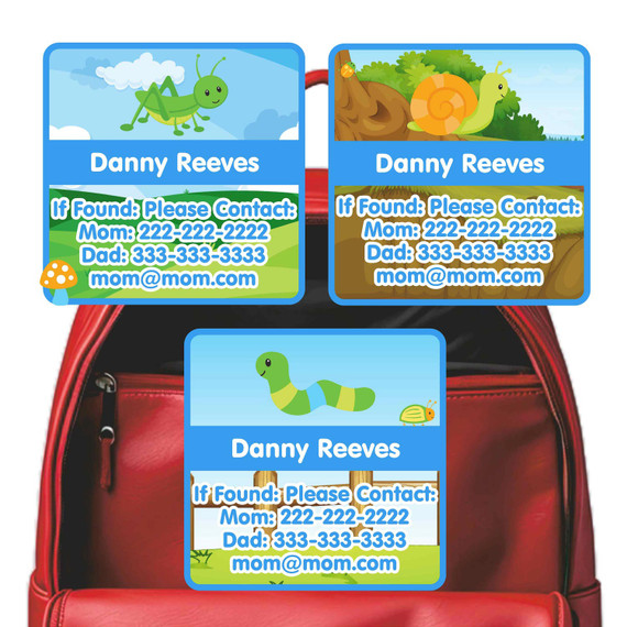 Bugs phone number labels featuring grasshoppers and butterflies