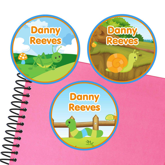 Backyard Bugs large round labels — waterproof name stickers for kids
