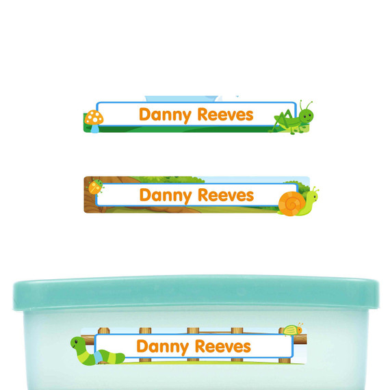 Backyard Bugs slim name stickers — waterproof stickers for water bottles and small containers