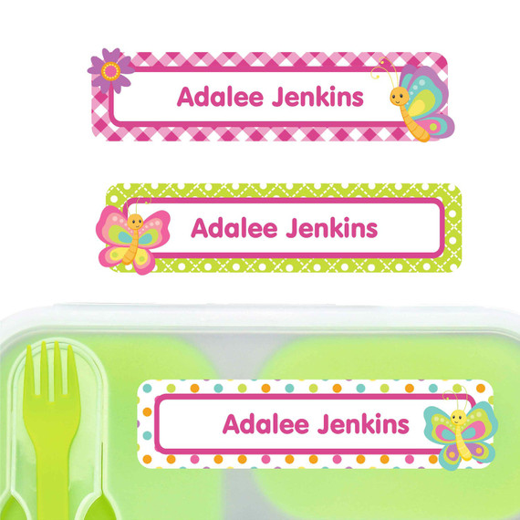 Butterflies large rectangle name labels — waterproof sticker labels for school supplies and water bottles
