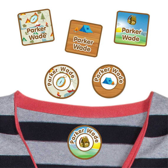 Camping peel and stick clothing labels — clothing stickers for kids made to order